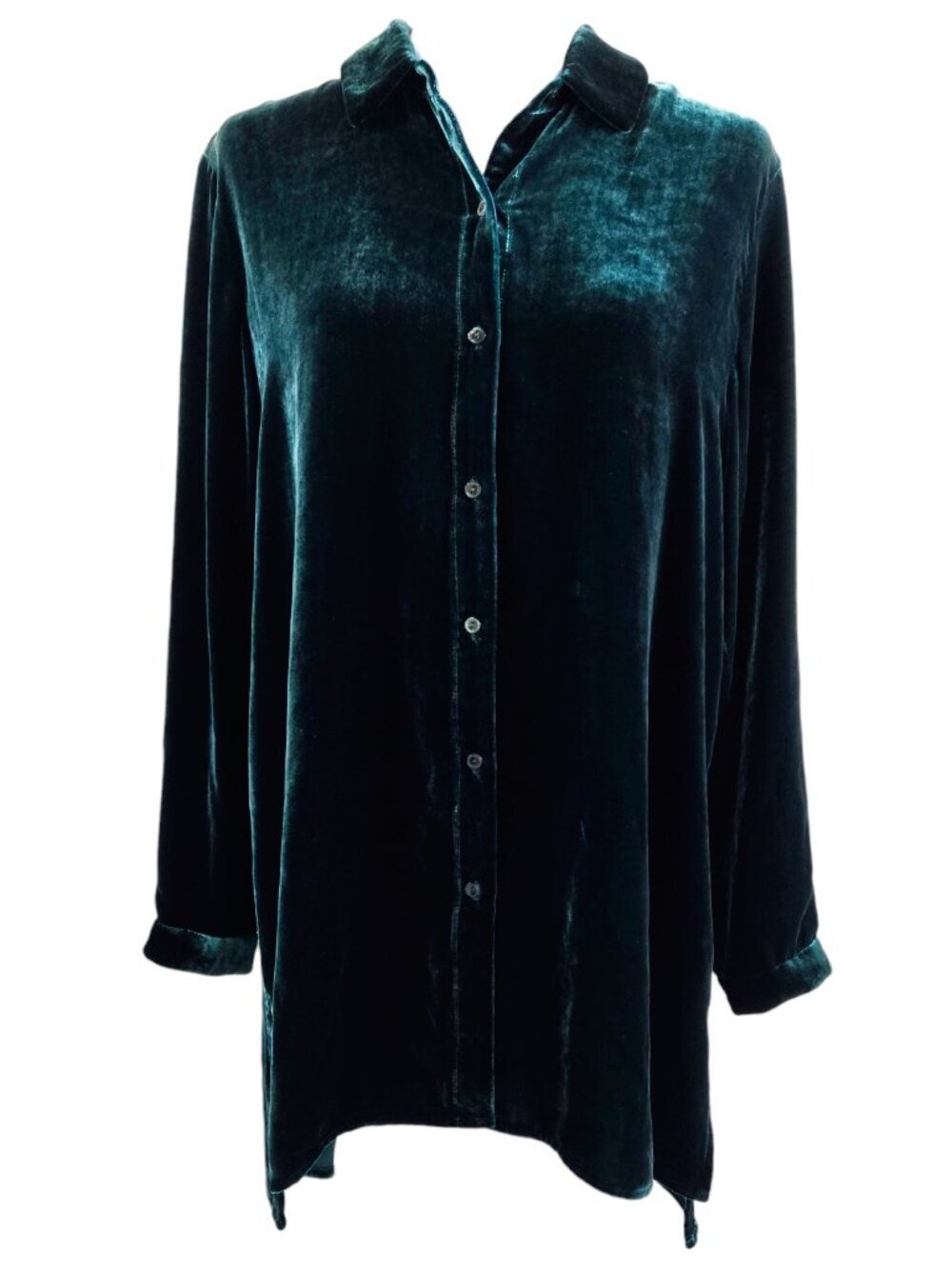 Eileen Fisher NWT Silk Blend Green Velvet Classic Collar Long Shirt Quiet Luxury